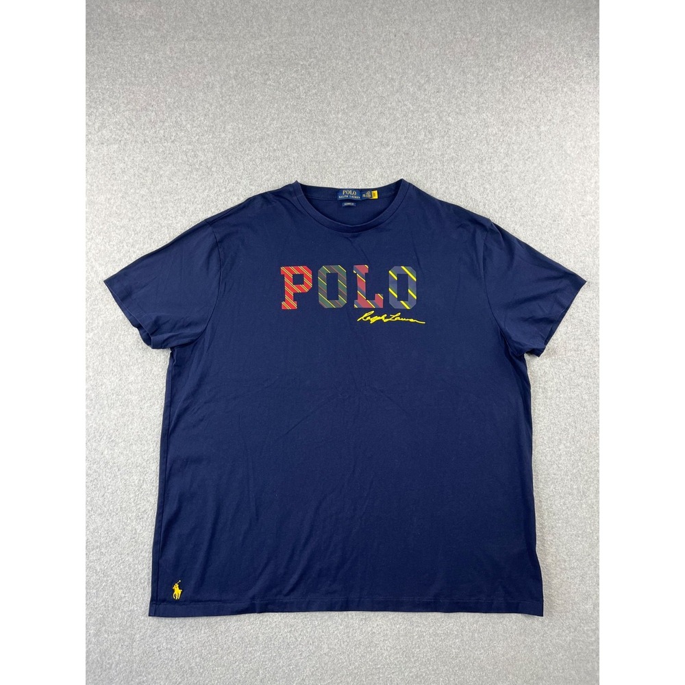 Polo Ralph Lauren Logo Jersey Shirt Mens 2XL Navy Striped Short Sleeve Classic